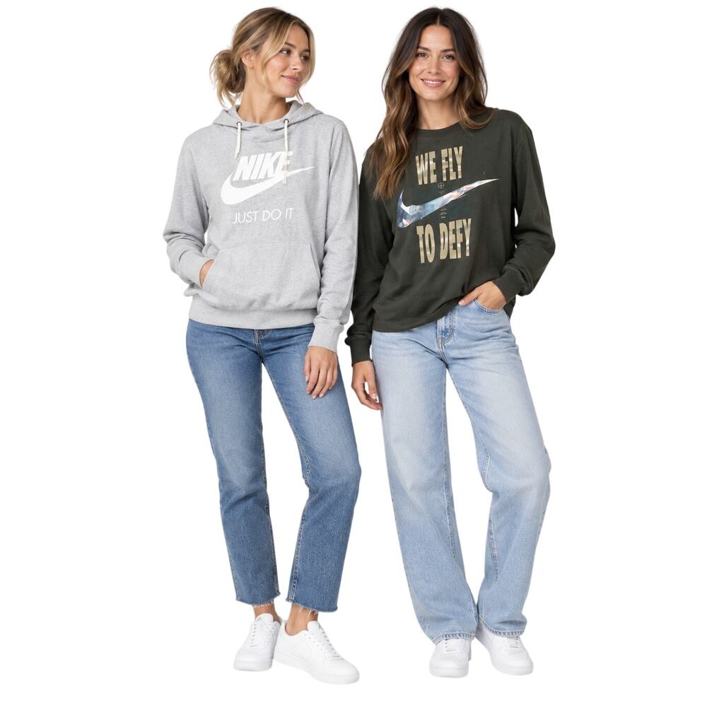 Nike Women’s Size M Hoodie & Long Sleeve Tee Lot Gray Olive Swoosh Just Do It